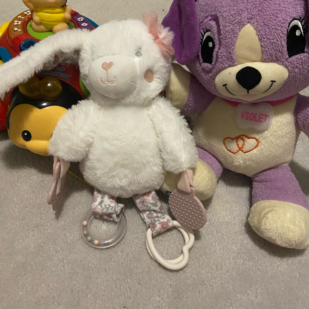 3 infant toys. 1 car/stroller toy, crazy leg learning bug toy & violet dog toy